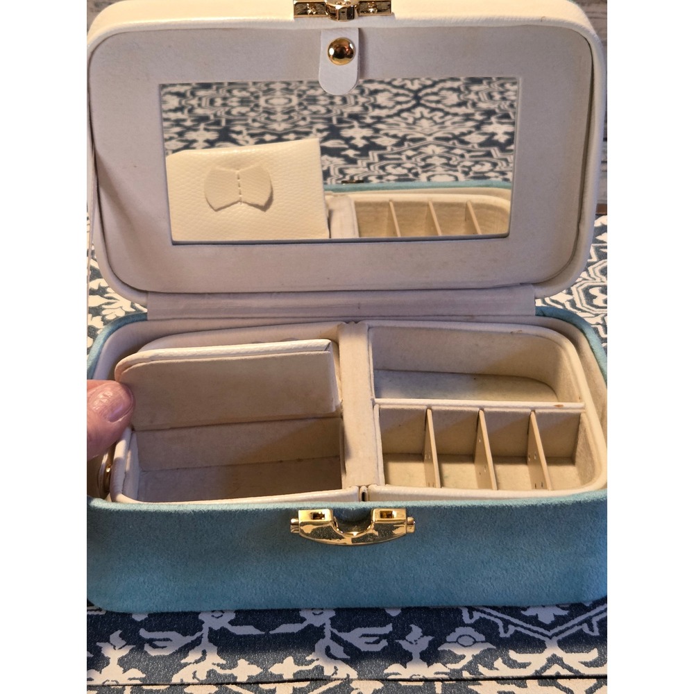 Jewelry Box Organizer Storage Case Teal Suede Faux Leather Mirror Handle Lock - Picture 7 of 12